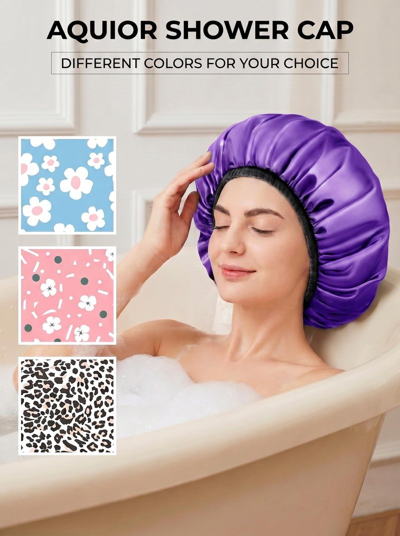 Aquior Shower Cap,Extra Large Triple Layer Bathing Cap with Dry Hair Function for Women Microfiber Terry Cloth Silky Satin 100% Waterproof Reusable Long Hair Bath Caps (Purple)