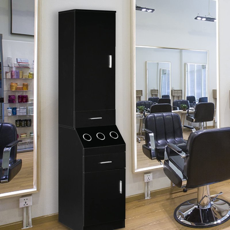OmySalon Salon Station, Barber Stations with 2-Tier Storage Shelf with Door, Hair Styling Storage Cabinet with 2 Drawer, a Large Storage Cabinet & 3 Hot Tool Holders, Black