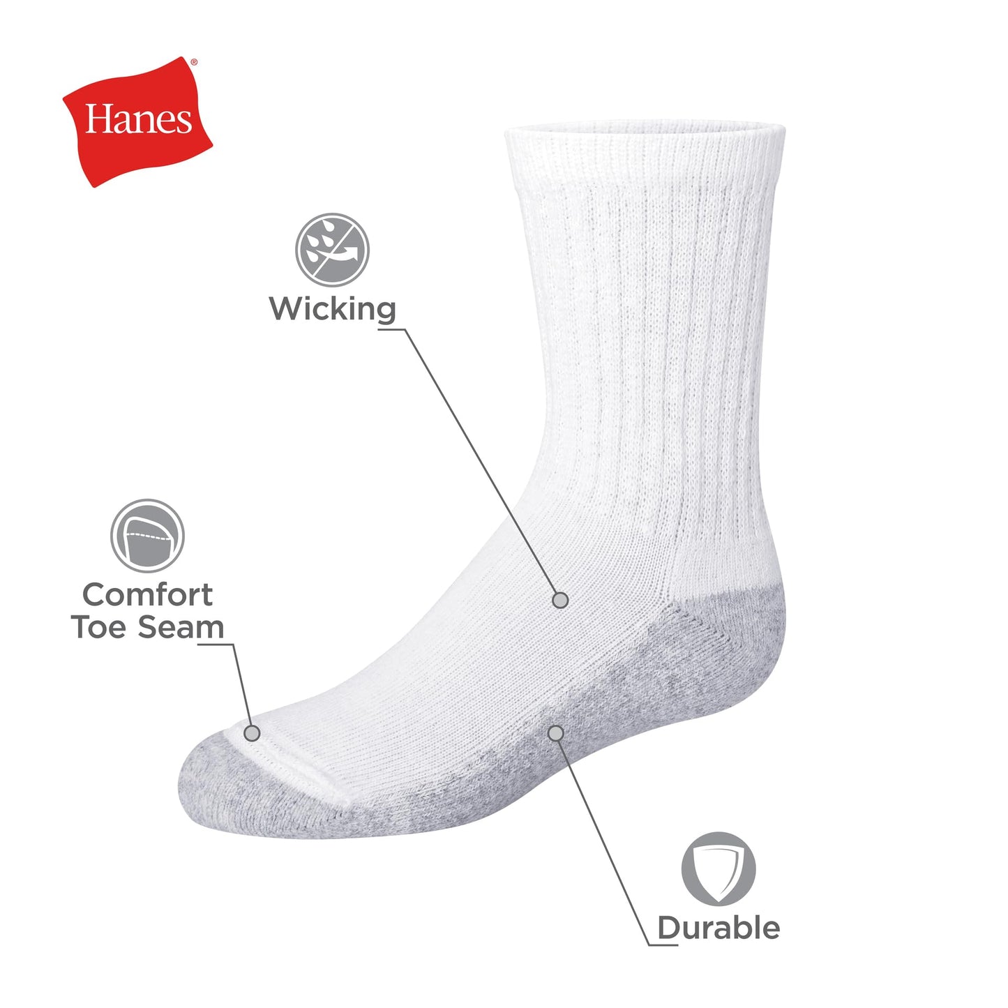 Hanes Boys Socks, Double Tough Cushioned Crew 12-pair Packs Athletic-socks, White/Grey Bottom, Large US