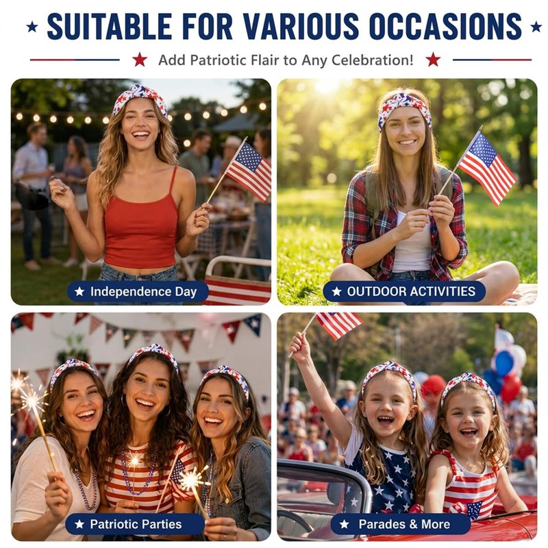 Regine Switzerland Patriotic Knotted Headband - Red, White & Blue Star Print | Comfortable Non-Slip Hairband for Women