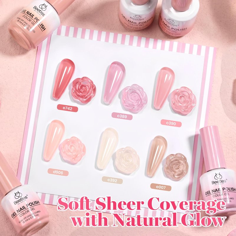 Beetles Sheer Blush Nude Gel Nail Polish Set - 6 Colors 15ML Full Size Nude Pink Brown Neutral Jelly Gel Polish Kit Sheer Translucent Effect Soak Off UV Nail Art Design Manicure Gift for Women