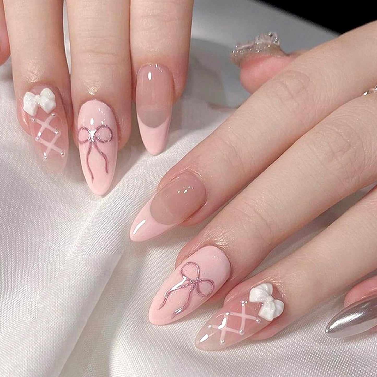 Skiennix Reusable Press-On Nails - 144 Pcs in 12 Sizes & 6 Styles | Cute Bow Design