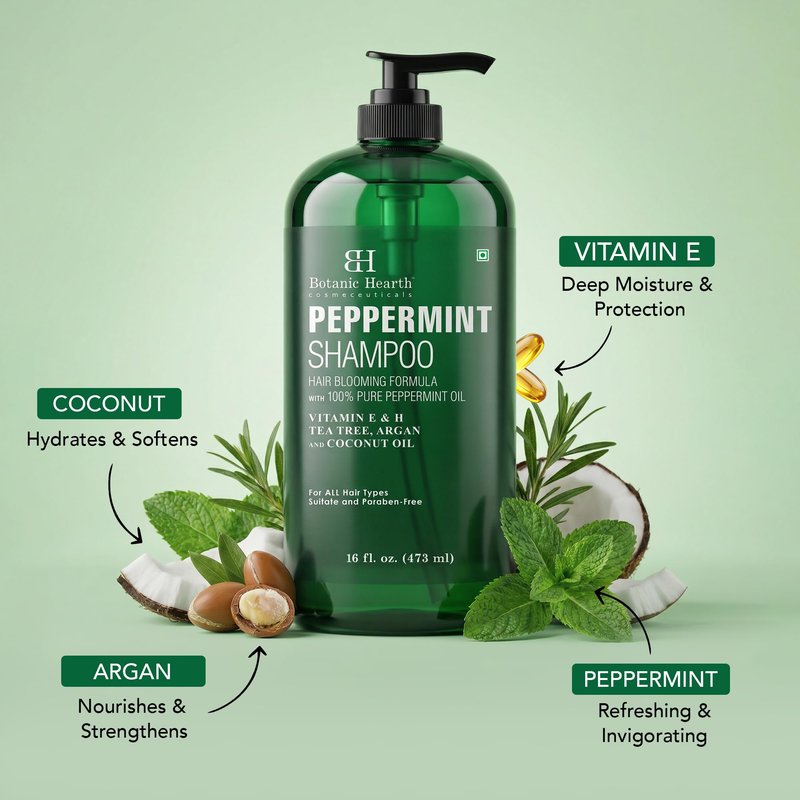 Botanic Hearth Peppermint Oil Shampoo | Hair Blooming Formula With Keratin For Thinning Hair | Fights Hair Loss, | Sulfate Free For Men And Women | 16 Fl Oz