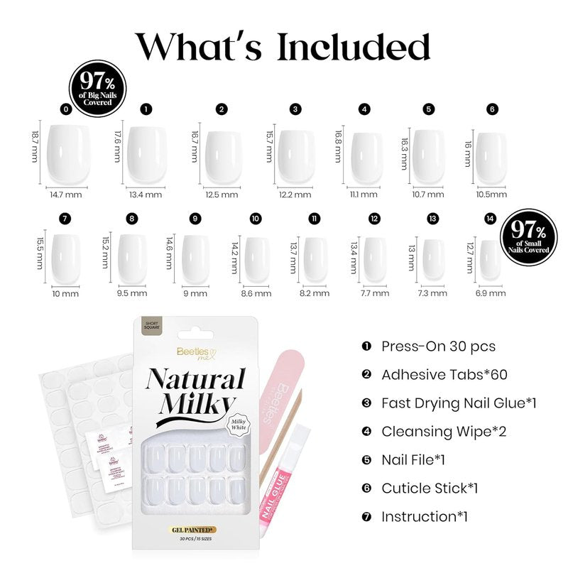 Beetles Milky White Press On Nails - Short Square Natural Gel Nail Kit with Fast-Dry Glue | 30pcs in 15 Sizes