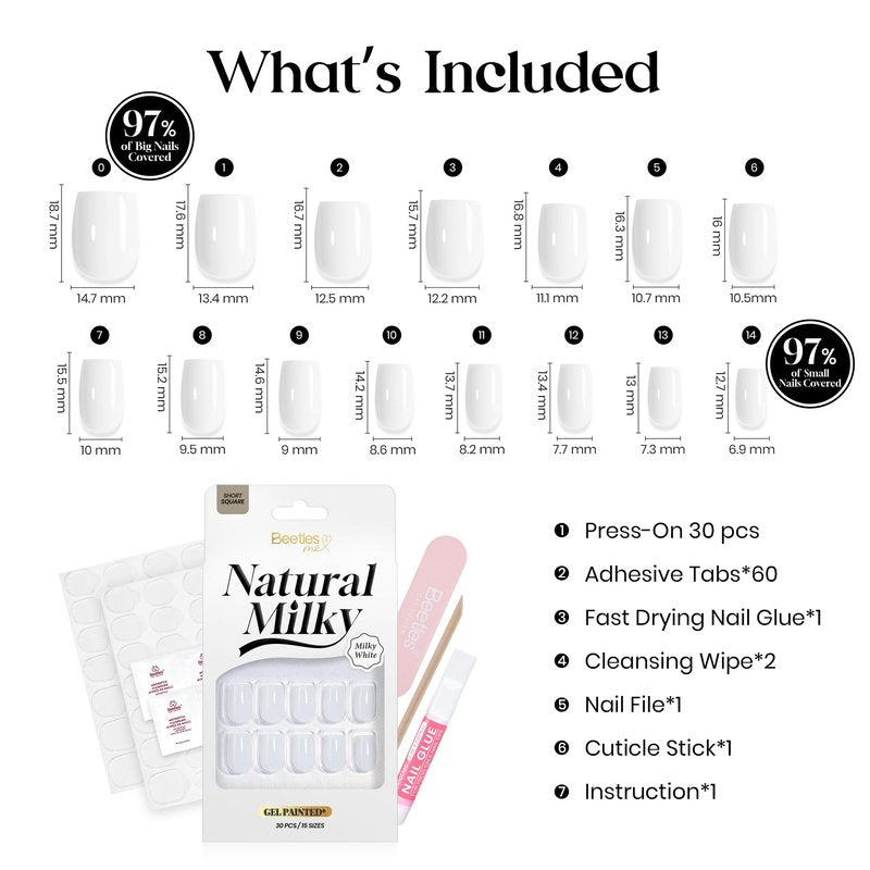 Beetles Milky White Press On Nails Short Square - Natural Soft Nail Gel Nail Kit with Fast-Dry Nail Glue & Adhesive Tabs, 30pcs 15 Sizes, Stick-On Nails for Girls & Women