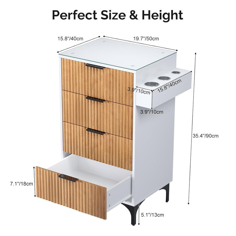 OmySalon Barber Station - Modern Retro Hair Stylist Storage Cabinet with Glass Top & Drawers | White
