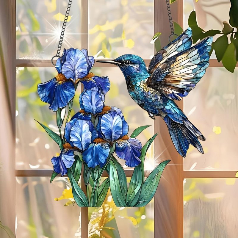 Acrylic Hummingbird and Irises Suncatcher - 7.08 Inch Stained Glass Style Window Decor | Indoor/Outdoor Garden Ornament