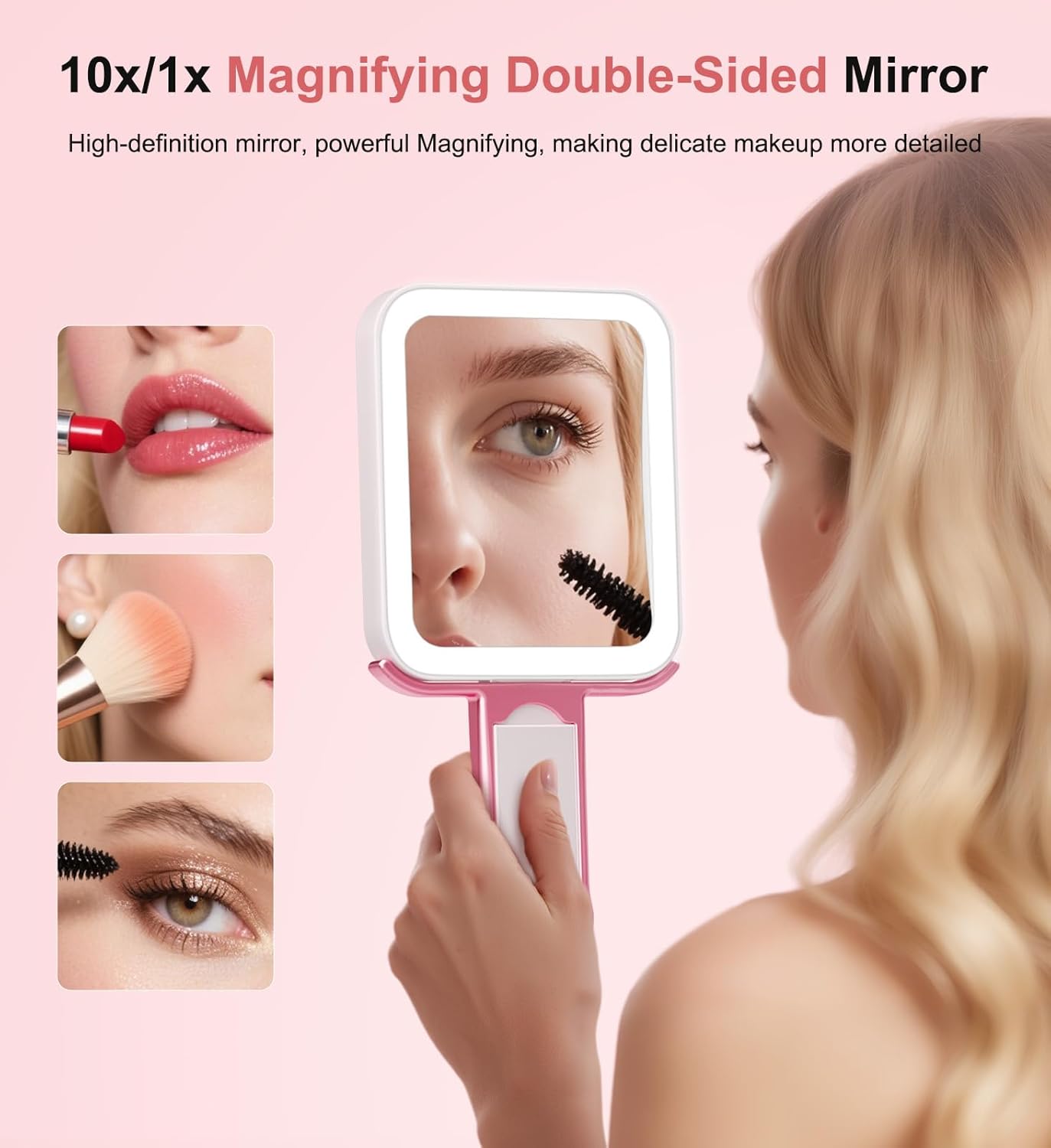 Skiennix Travel Makeup Mirror - 10X/1X Double-Sided LED Vanity Mirror with Rechargeable Battery & 3 Color Lighting