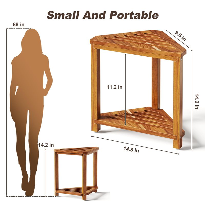 Kzeirm Corner Shower Stool for Inside Shower, 14" Shower Foot Rest Stool for Shaving Legs, Acacia Wood Corner Shower Shaving Step Stools, Waterproof Leg Shaver Foot Rest Bench Seat