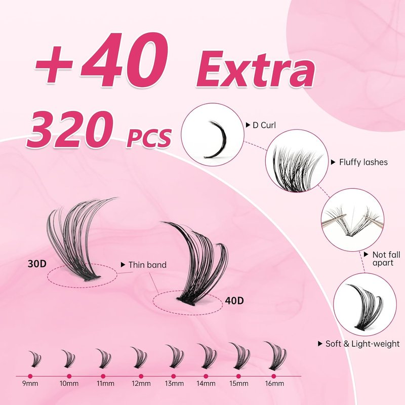 Eyelash Extension Kit - 320Pcs DIY Lash Clusters 9-16mm Mix | Includes Bond, Seal, Remover & Tweezers