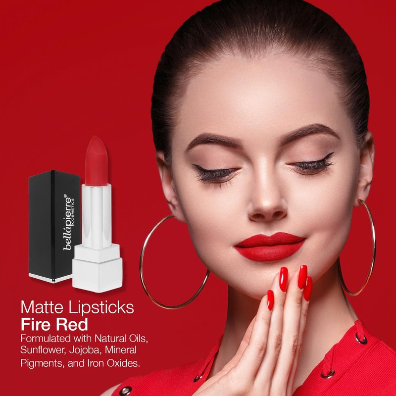 bellapierre Matte Lipstick – Long-Lasting Mineral Lip Color with Vitamins C & E, Nourishing Formula, Natural Matte Finish, Clean, Paraben-Free, Cruelty-Free – 0.12 oz – Fire Red