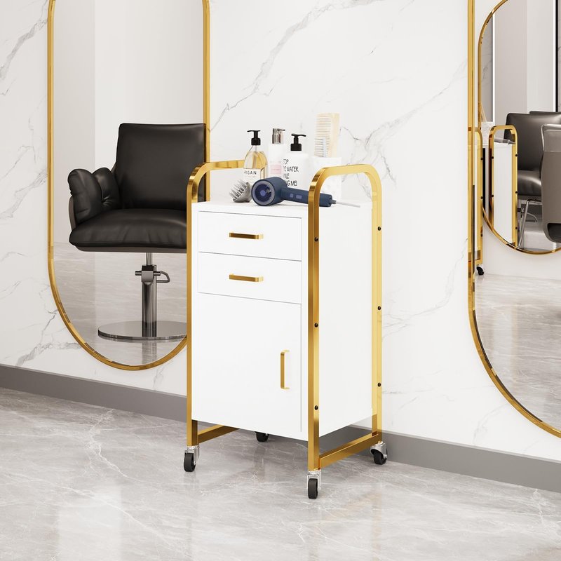 4ever2buy White and Gold Salon Trolley Cart with Wheels, Salon Cart with Drawers and Cabinet, Rolling Cart for Hair Stylist, Professional Salon Stations Organizer