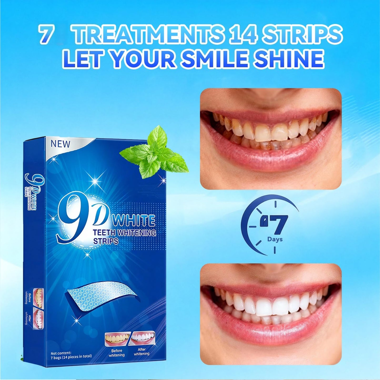 Teeth Whitening Strips for Sensitive Teeth - 9D Teeth Whitening Kit Professional Effects, Teeth Whitener for Enamel Safe, 14 White Strips (7 Day Treatment) Remove Stains for a Brighter Smile, Mint