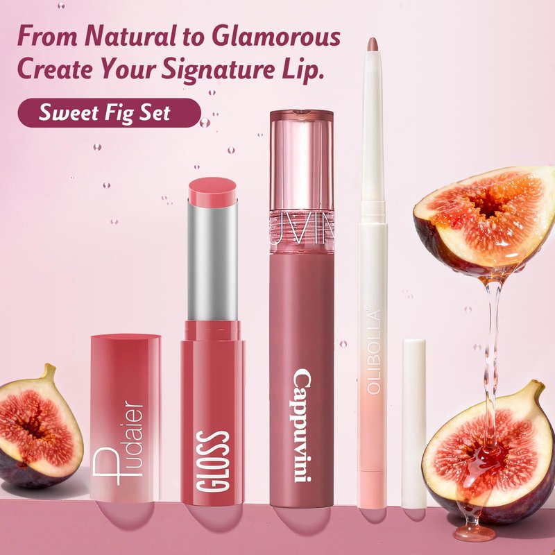 3 Pack Lip Combo Set - Matte Lip Liner Pencil + Hydrating Tinted Lip Balm + Plumping Lip Gloss, Non-Sticky, Long-Lasting, 3-in-1 Lip Makeup Kit for Plump, Hydrated & Glossy Lips (Sweet Fig Set)