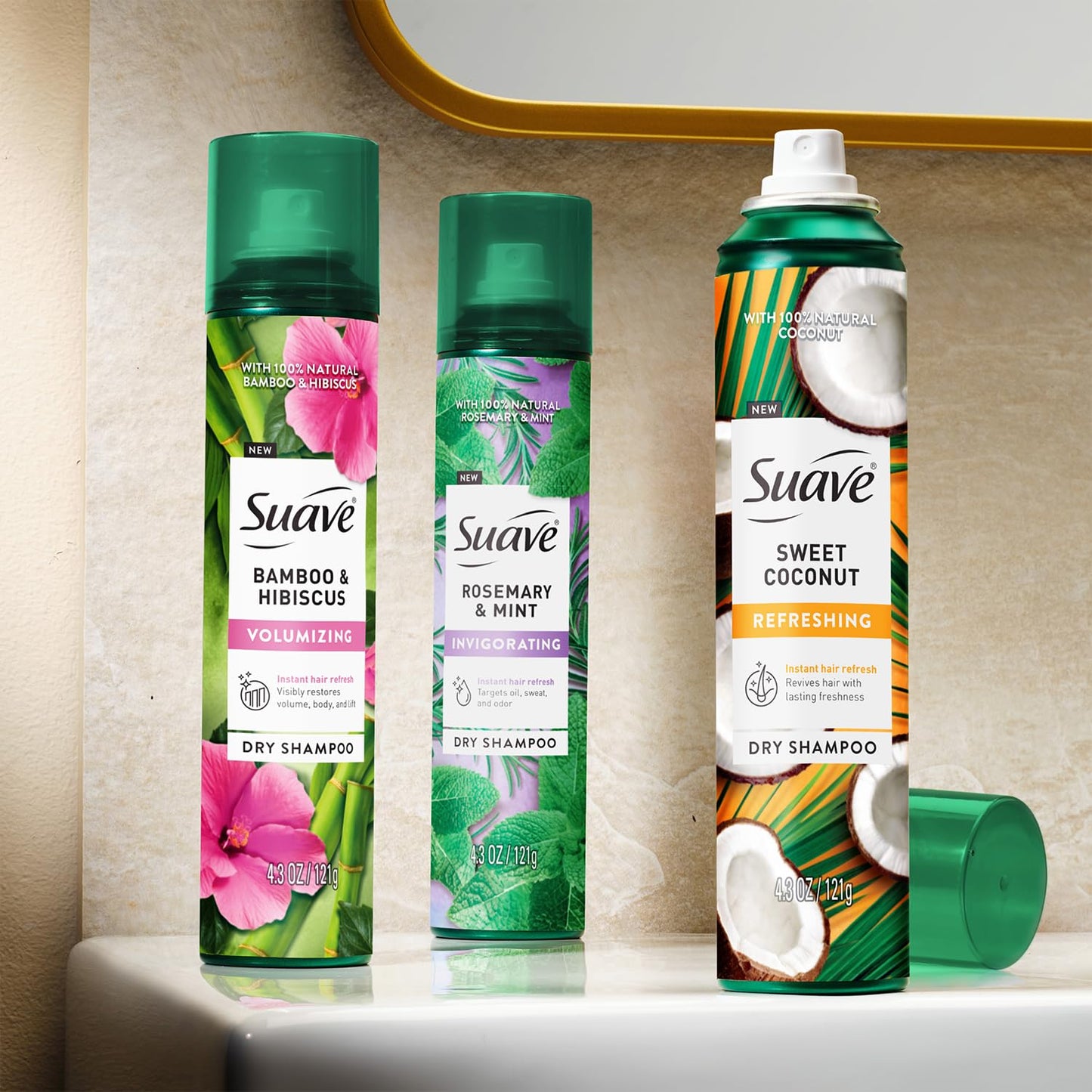 Suave Dry Shampoo Spray Variety 3-Pack – Invigorating Rosemary & Mint, Volumizing Bamboo & Hibiscus + Refreshing Sweet Coconut, 4.3 Oz Ea