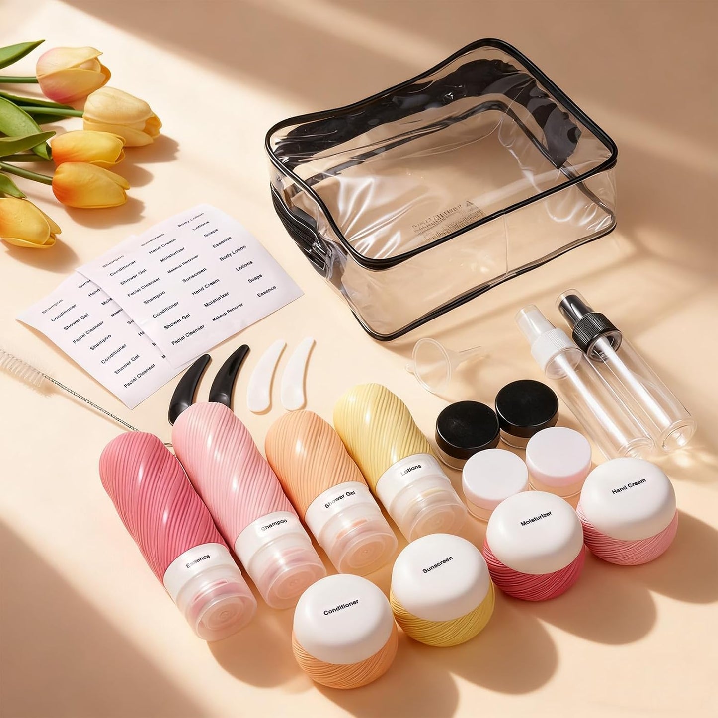 Travel Bottles - 23 Pack TSA Approved Leak-Proof Toiletry Containers | Silicone Squeezable Bottles in Clear Bag, Pink