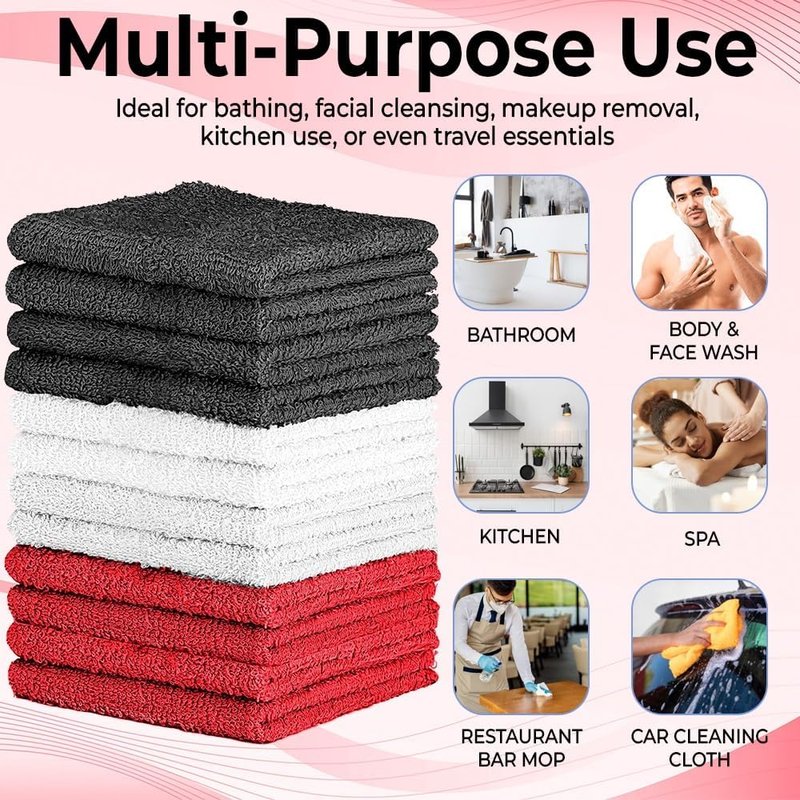 QUBA LINEN 100% Cotton Washcloth Set – Soft, Absorbent Face Towels for Bathroom & Gym Use – Durable & Reusable Wash Cloths - Dark Grey, White & Burgundy, 12x12 Inches, Pack of 12