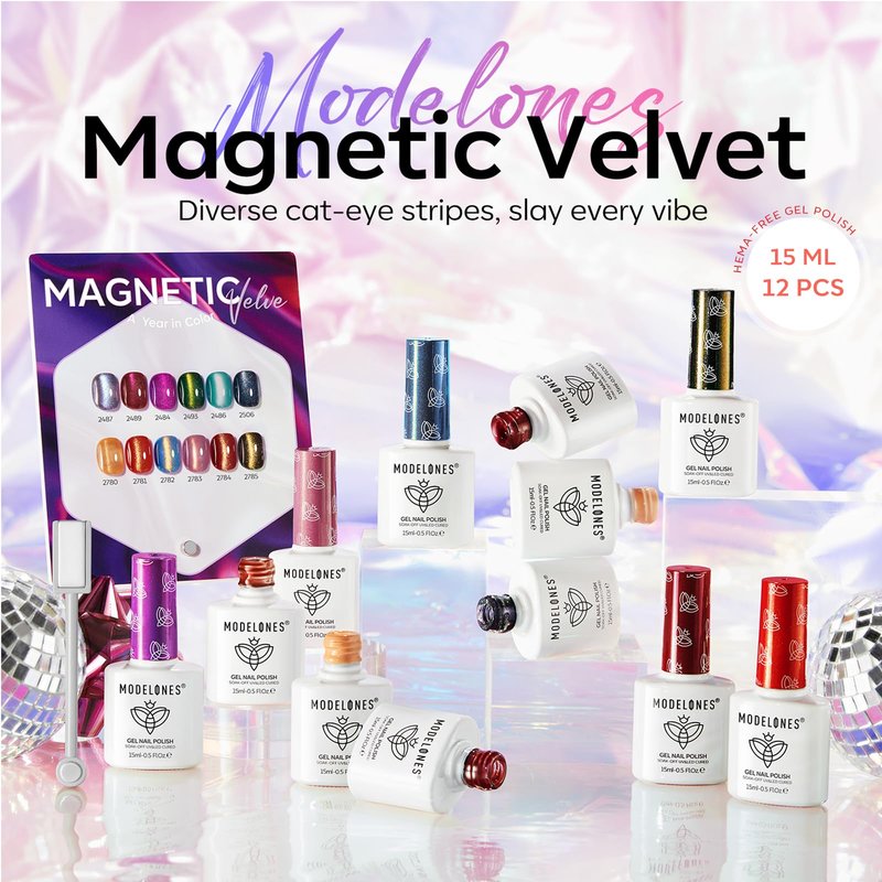 modelones 12Pcs 15ML Cat Eye Gel Nail Polish Set, Same Color Same Bottle Summer Green Blue Yellow Pink Red Purple Cateye Gel Polish Set with Magnet Sparkle Series Hema-free Gel Polish Kit Nail Art