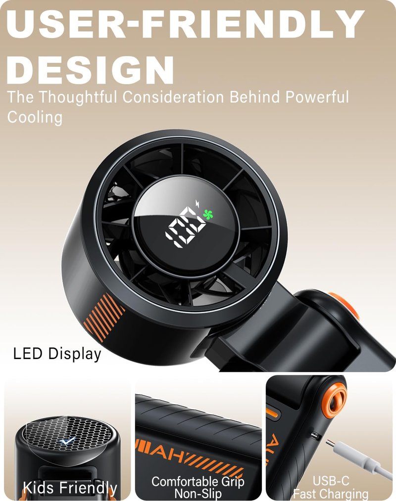 AUIIAH Portable Handheld Turbo Fan - 5 Speed Mini Personal Fan with Strong Airflow, Foldable 3 in 1 Rechargeable Battery Operated Travel Essentials Hand Fans for Indoor/Outdoor Use, Black