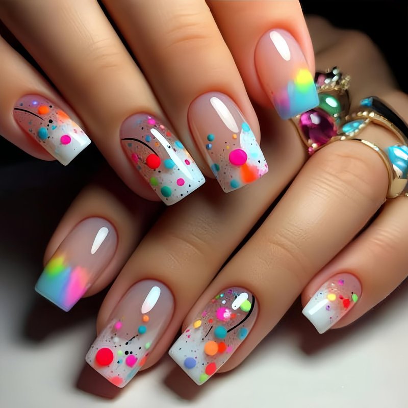 Press On Nails - Medium Length Square Acrylic Coffin Nails | Colorful Gradient Full Cover Design - 24 Pcs for Women
