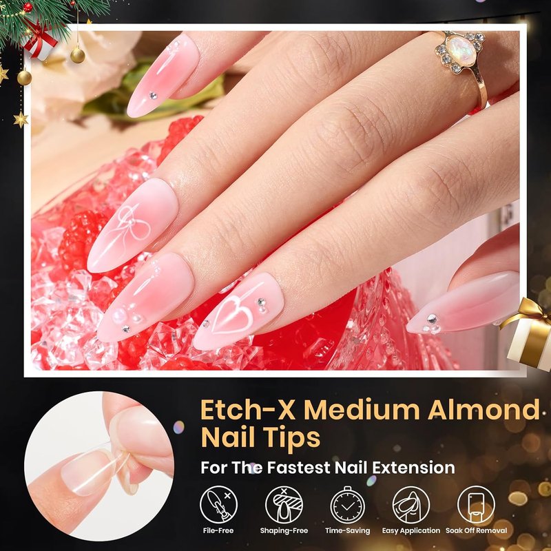 Beetles Gel Nail Tips Etch-X- Almond Medium, 384pcs 12 Sizes, Pre-Etched Half Matte Full Cover Soft Gel Nail Tips, Press on False Nail Extension Acrylic Fake Nails, Easy DIY Salon Art