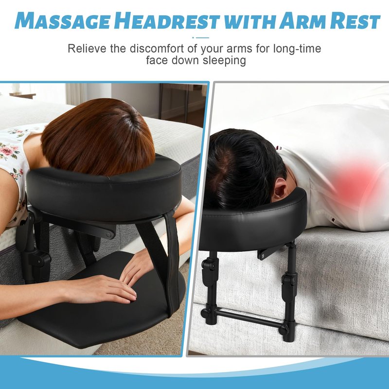 HoMove Massage Headrest for Bed, Adjustable Massage Face Cradle at Home, Portable Bed Massage Head Holder, Massage Table Head Rest for Salon Spa, Face Down Pillow After Eye Surgery, Black with Armrest