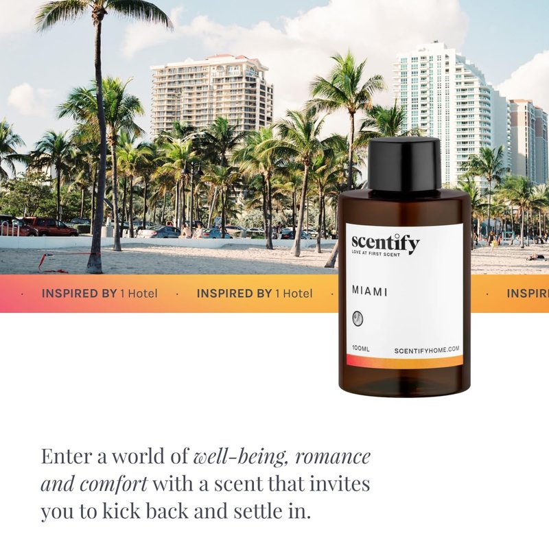 Scentify Miami Aroma Oil Refill Scent for Oil Diffusers - Creamy, Cashmere, Sandalwood, Musk Scents - Luxurious Relaxing Aromatherapy Diffuser Fragrance 100ml, 3.38 oz