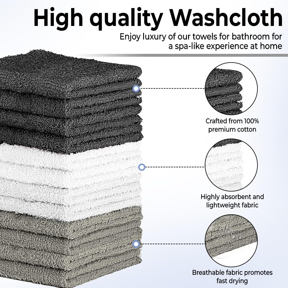 QUBA LINEN 100% Cotton Washcloth Set – Soft, Absorbent Face Towels for Bathroom & Gym Use –Reusable, Durable & Machine Washable - Dark Grey, White & Light Grey, 12x12 Inches, Pack of 12