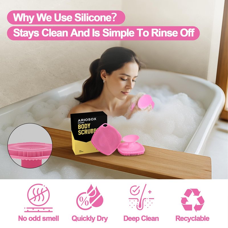 ARIOSOX Silicone Body Scrubber, Bath Brush,Gentle Texture Exfoliating Body Scrubber for Men and Women On Sensitive Skin, Soft Scrubber Builds Up Lather, Getting a Deep Skin Clean (Pink)