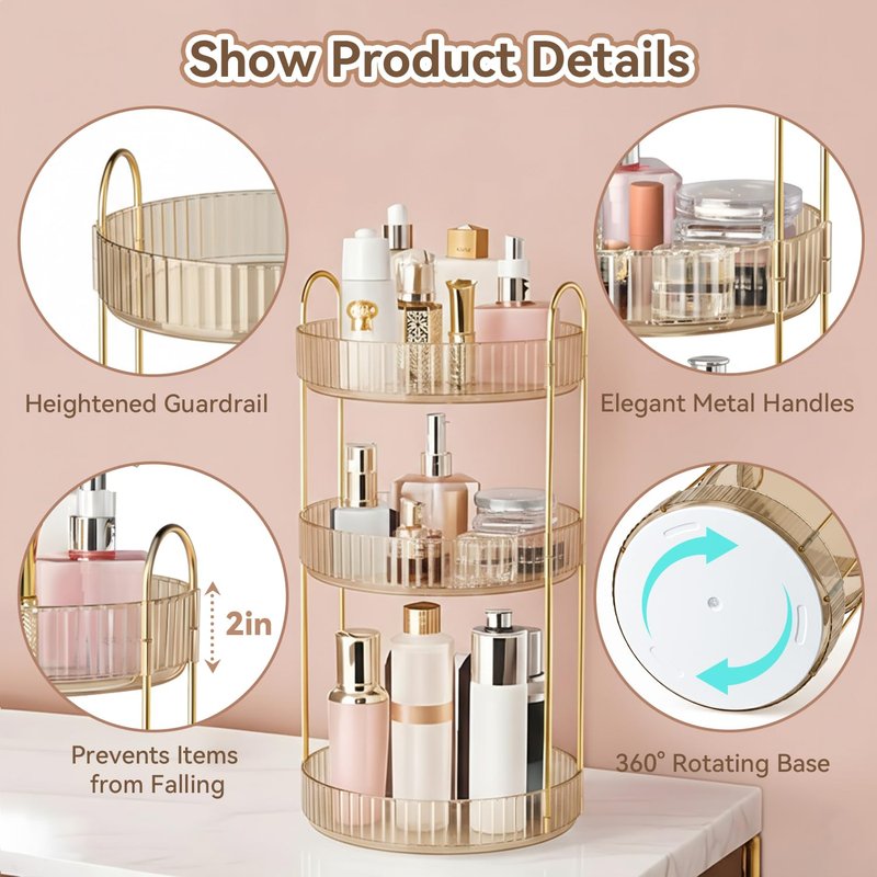 360° Rotating Makeup Organizer for Vanity, 3 Tier Perfume Organizers Skincare Organizers and Storage for Bathroom Countertop, Spinning Cosmetic Organizer for Bedroom Dresser Counter (Gold)