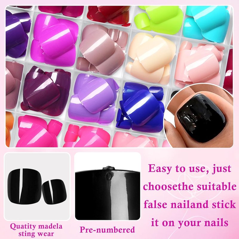 Press On Toenails for Women - 576pc Short Square Acrylic Fake Toenails with Glue Tabs | Easy Application