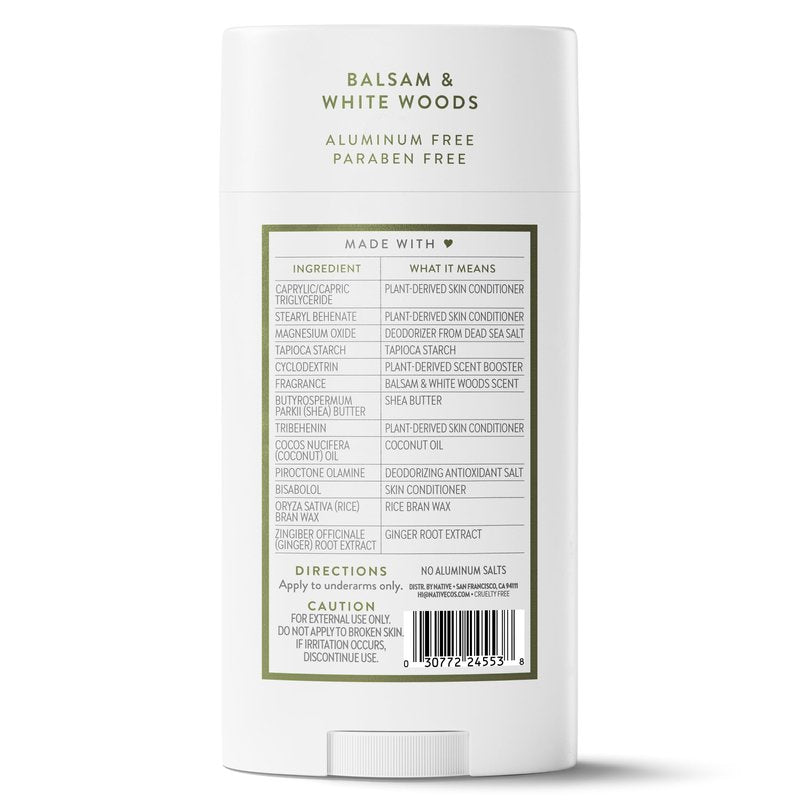 Native Aluminum Free Deodorant, Balsam & White Woods, Large Size Stick, 72 Hour Odor Control, for Women & Men, Contains Naturally Derived Ingredients, 3.1 oz
