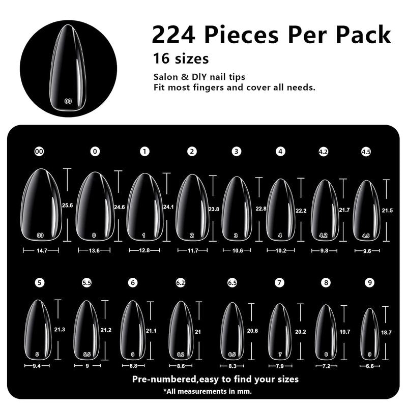 BETE Medium Almond Clear Acrylic Nail Tips - 224 Pcs in 16 Sizes | Pre-Shaped Strong Press-On Nails for DIY Manicure