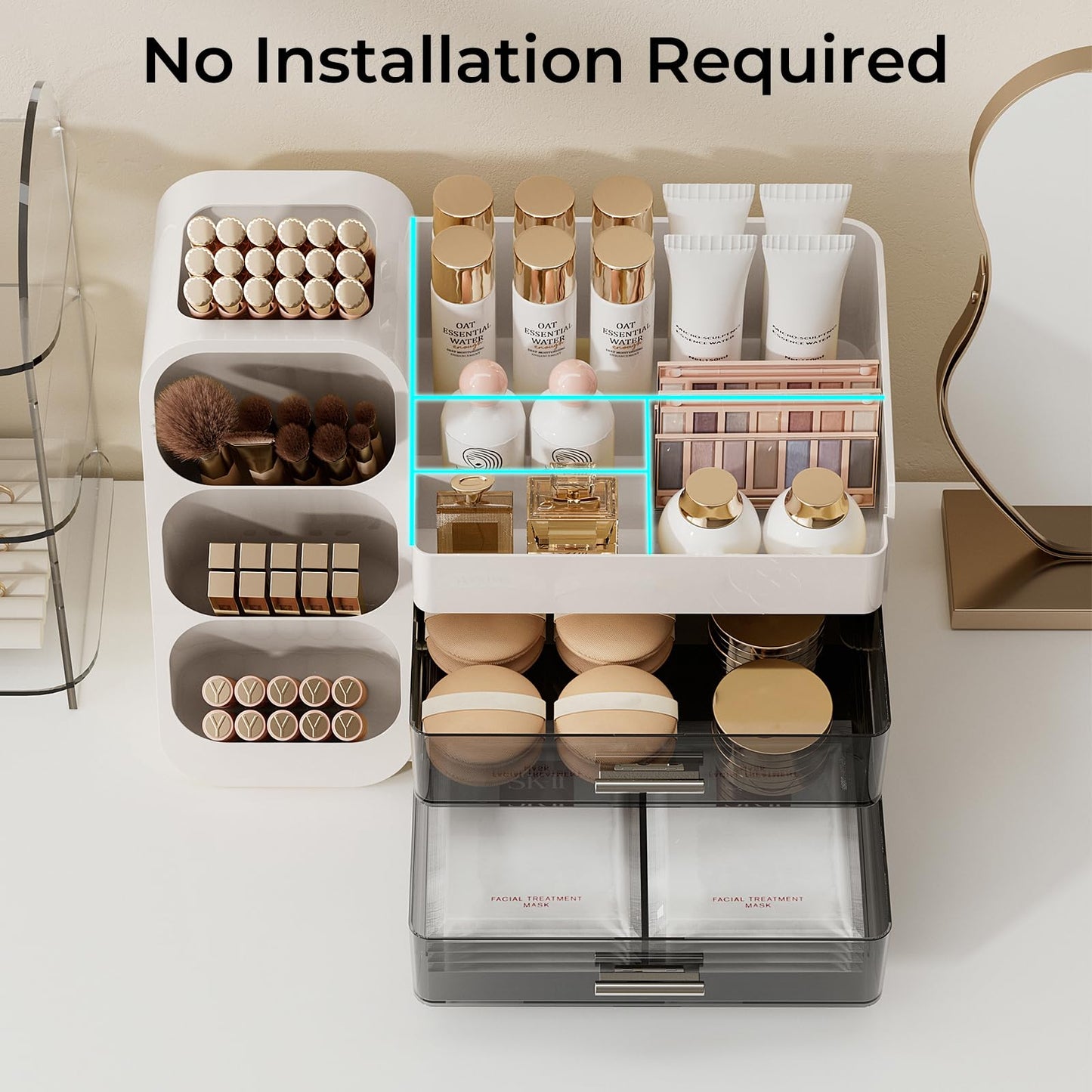 UFORU Makeup Organizer for Vanity with Brush Holder, Large Capacity Bathroom Countertop Skincare Organizer with 2 Drawers, Cosmetic Display Case for Perfumes, Eyeshadow Palettes, Nail Polishes