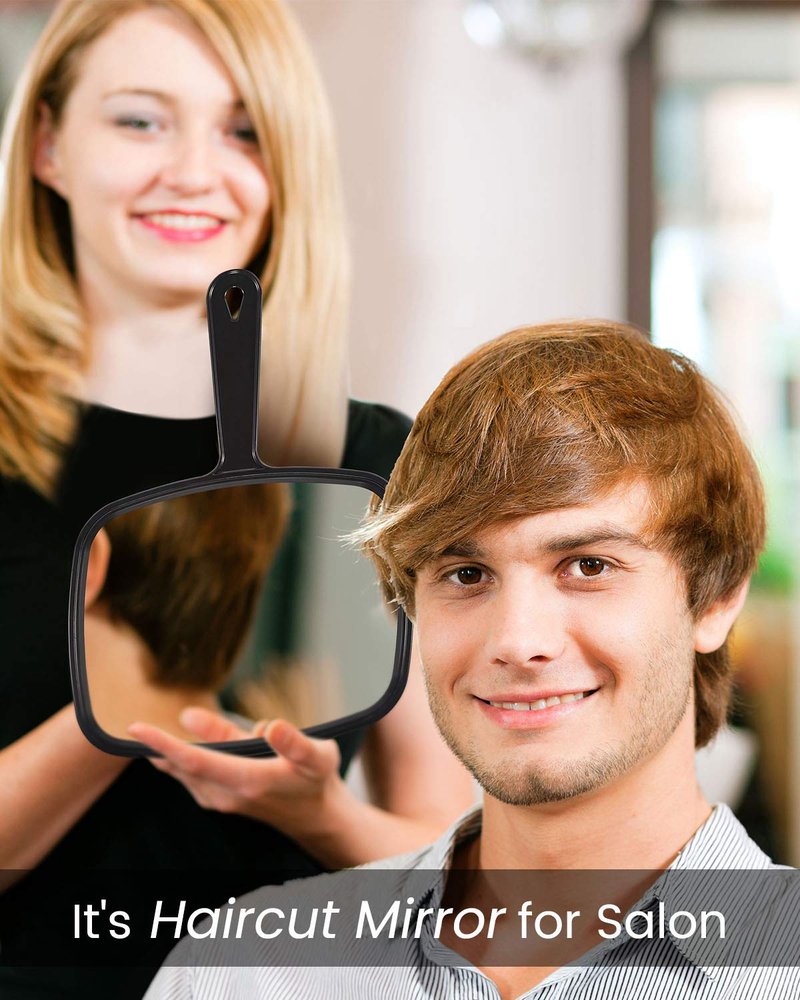 PROTECLE Hand Mirror,9.3" L x 6.7" W Salon Barber Hairdressing Handheld Mirror with Handle, Square Black