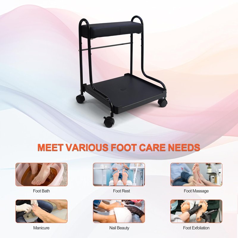 Portable Nail Foot Bath Spa Trolley Cart - Adjustable Height PU Cushion for Salon Use | Black