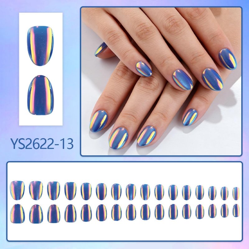 Blue Press on Nails Aurora Short Oval Fake Nails with Chrome Design Glossy Full Cover Dark Color Stick on Nail for Women Manicure 32Pcs