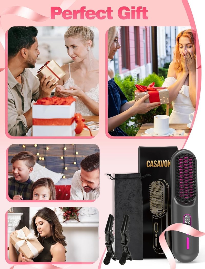 Cordless Hair Straightener Brush - Go Brush Pro for Short Hair | Travel-Friendly, 30s Fast Heat, 12 Temp Settings, Grey