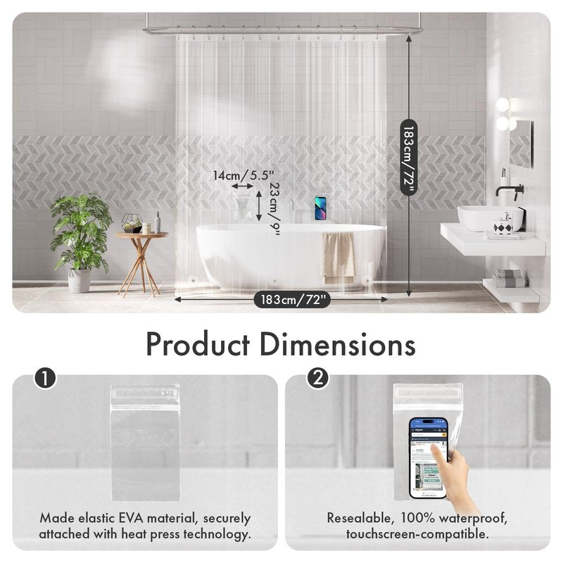 AmazerBath Shower Curtain Liner with 2 Weights Pockets, 72x72 Innovative No Blowing Clear Plastic Shower Liner with 2 DIY Weighted EVA Pockets & 3 Magnets, Waterproof Shower Curtain for Bathroom Stall
