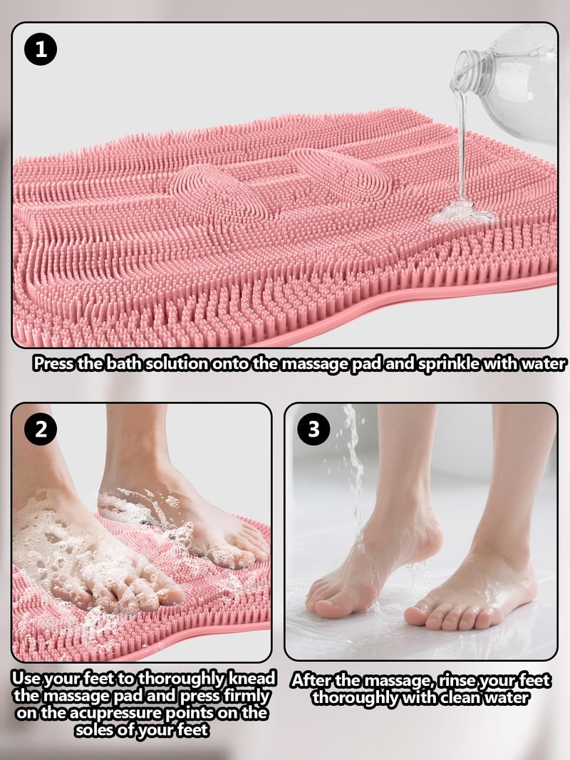 Kalolary Silicone Shower Foot Scrubber Mat, Large Foot Scrubber in Shower with Non Slip Suction Cups Foot Cleaner Brush to Clean Exfoliate and Massage Feet Without Bending Over Easy to Clean (Pink)