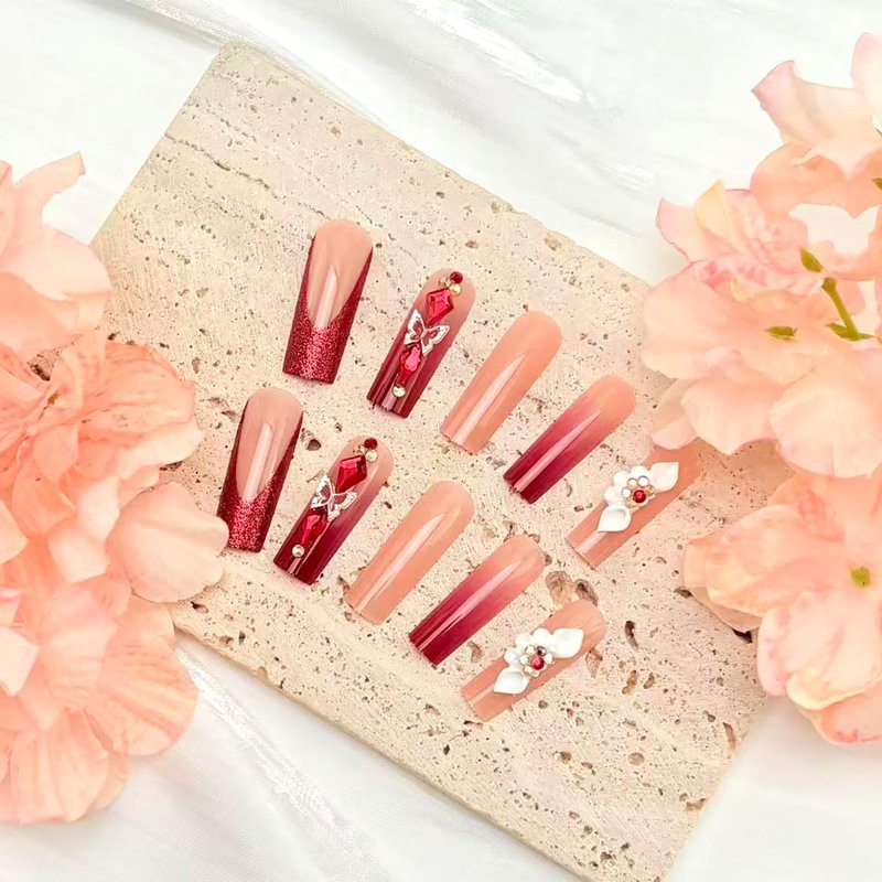 24Pcs Red French Tip Press on Nails Long Square Fake Nails 3D Flower False Nails with Glitter Butterfly Rhinestones Red Gems Design Full Cover Glue on Nail Artificial Stick on Nails for Women Manicure