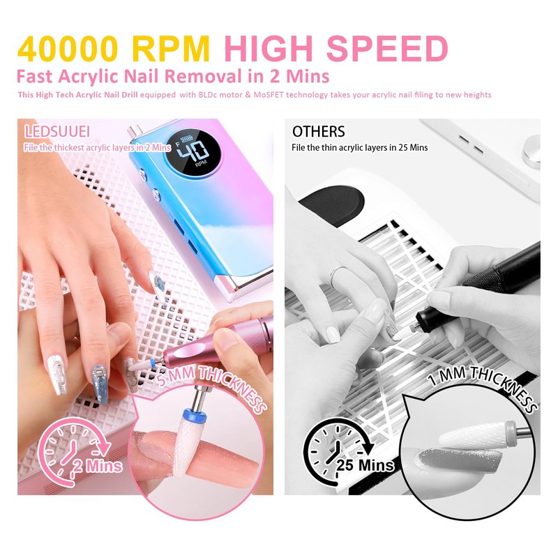 Professional Electric Nail Drill LEDSUUEI: 40000RPM Electric Nail File 2024 Pro High Tech Fast Removal Electric Nails Drill Kit 6500mAh Rechargeable Nail Drill Nail File Tool for Manicure Salon Home