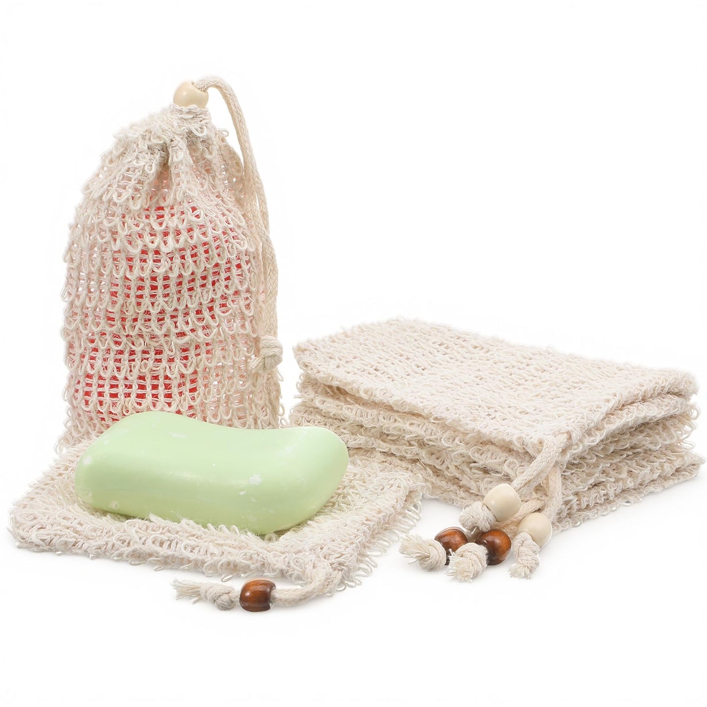 Aysatogc 6 Pack Soap Bag, Natural Sisal Soap Saver Bag Exfoliating Sisal Soaps Pouch with Drawstring Bar Shower Soaps Saver Bags Foaming and Drying Holder for Shower