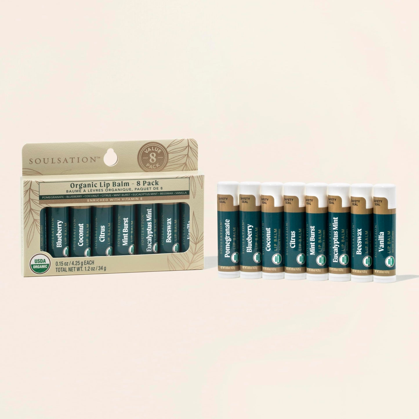 Soulsation Organic Lip Balm Set, 8 Flavors - Hydrating for Cracked & Dry Lips, For Men & Women, Enriched with Vitamin E