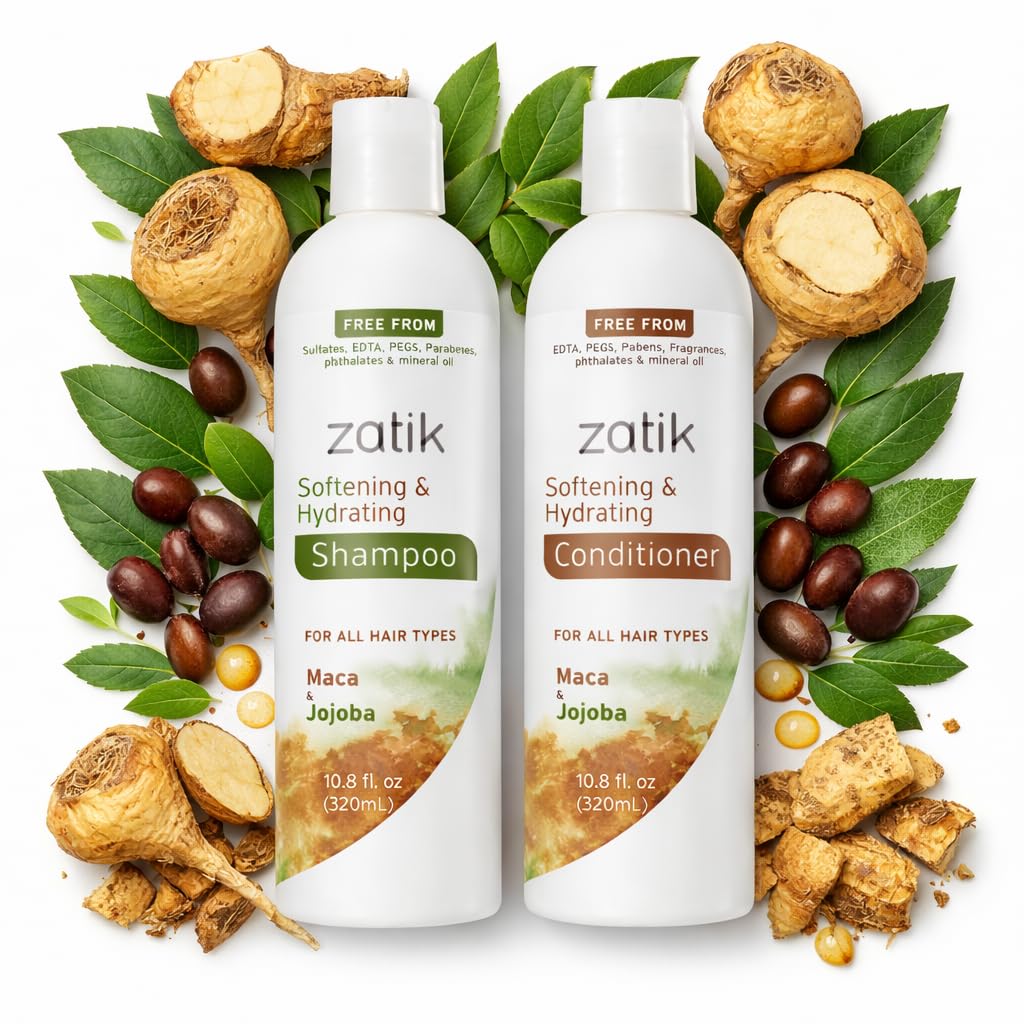 Zatik Naturals - Softening & Hydrating Shampoo + Conditioner Set - with Maca and Jojoba for all Hair, Vegan, Biodegradable, pH Balanced, Free From Sulfates, 10.8 fl oz (One of Each)