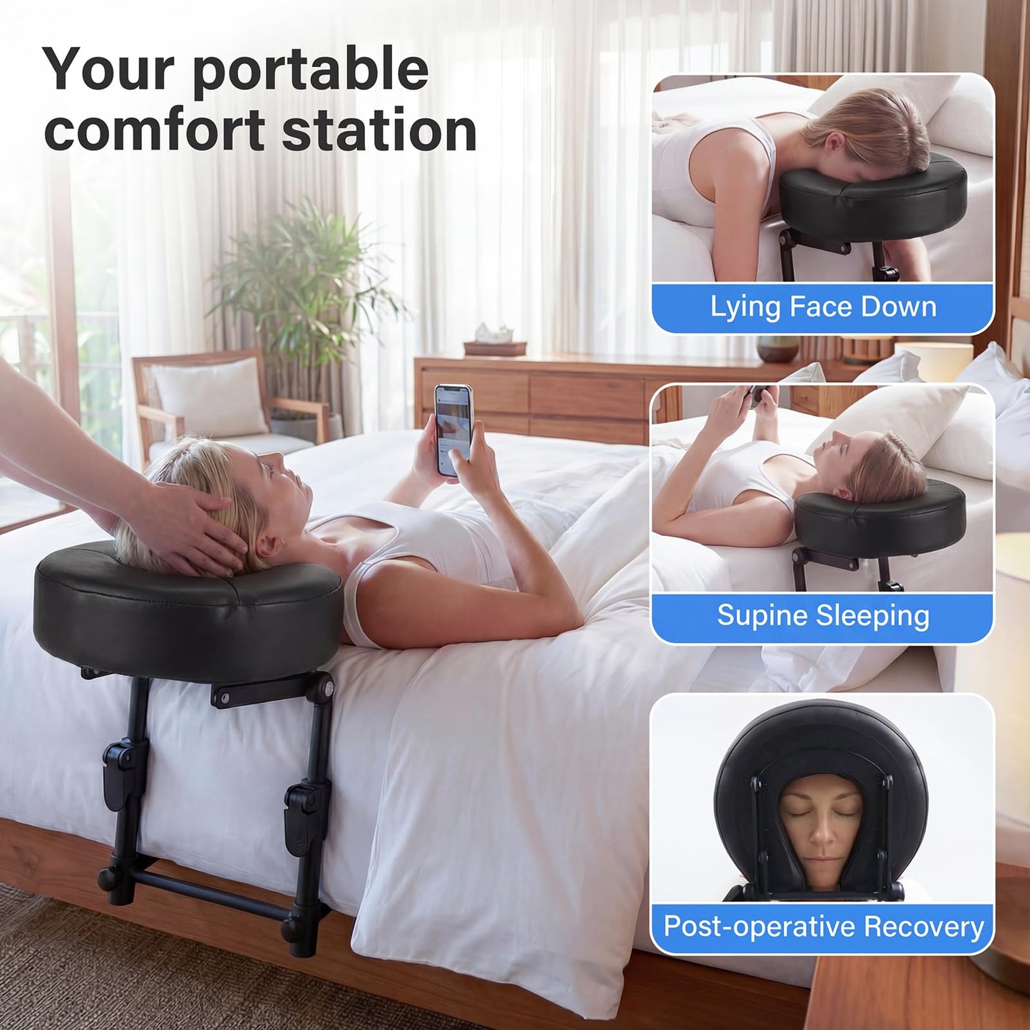 TIMBERHIDE Portable Massage Headrest for Bed, Easy-Install Adjustable Face Cradle with Memory Foam for Couples, Home Spa & Recovery, Fits 6-17” Mattress, Black