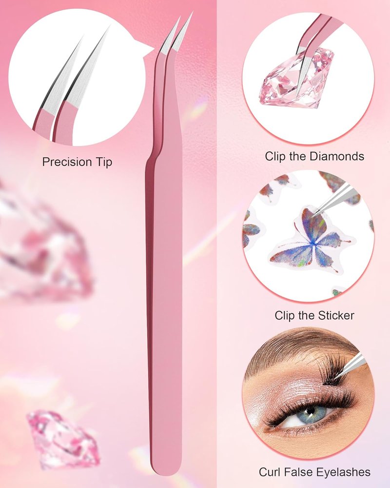 Rhinestone Picker Tool - Dual-Ended Applicator with 4 Replaceable Wax Tips & Tweezers | Pink Nail Art Accessory
