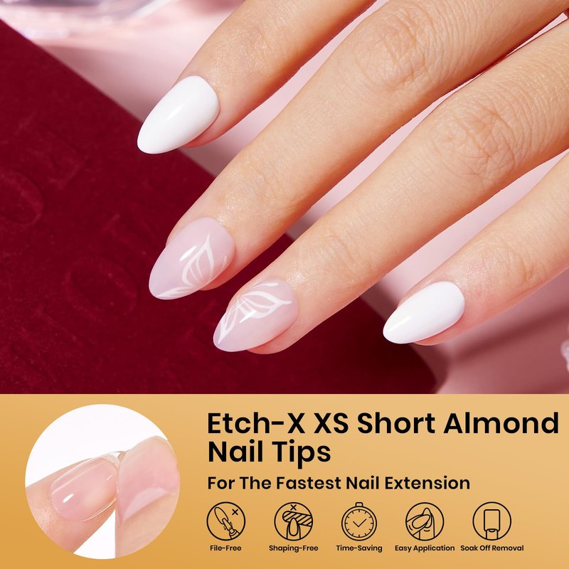 Beetles Extra Short Almond Nail Tips, 12 Sizes 288 PCS Pre-Shaped Clear Full Cover Etch Gel Nail Tips Clear Acrylic Press on Nails Extension for Girls Women Nail Art Design, Nail Glue Needed