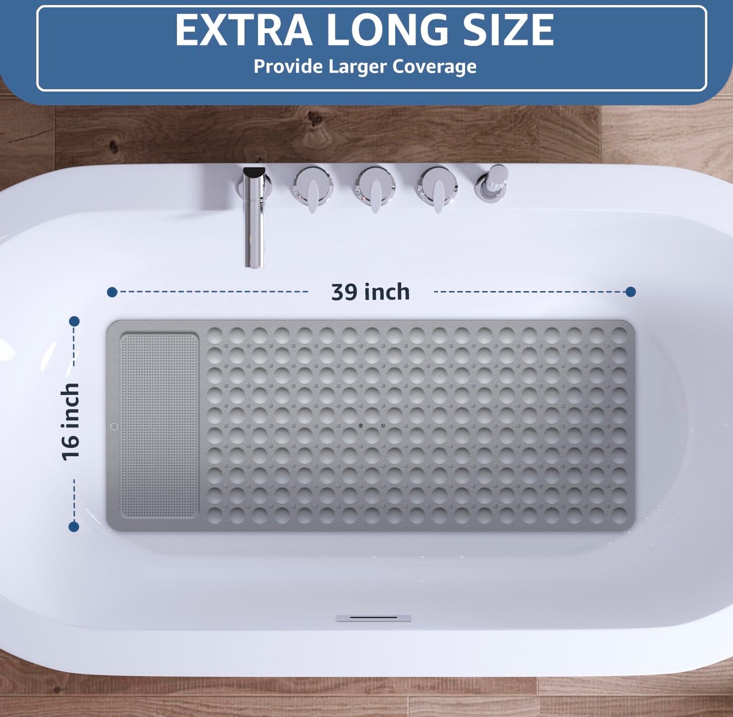 Yolife Bathtub Mat Non Slip, Shower Foot Scrubber Mat, 39 x 16 inch Extra Long Bath Mat for Tub Non Slip with Suction Cups Drain Holes, Shower Mat with Foot Scrubber, Machine Washable(Light Grey)