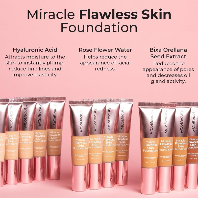 MCoBeauty Miracle Flawless Skin Liquid Foundation Honey - Buildable Medium Coverage Dewy Finish for All Skin Types - Hyaluronic Acid Coconut Water Rose Water Hydrating Face Makeup Vegan - 1 Fl Oz